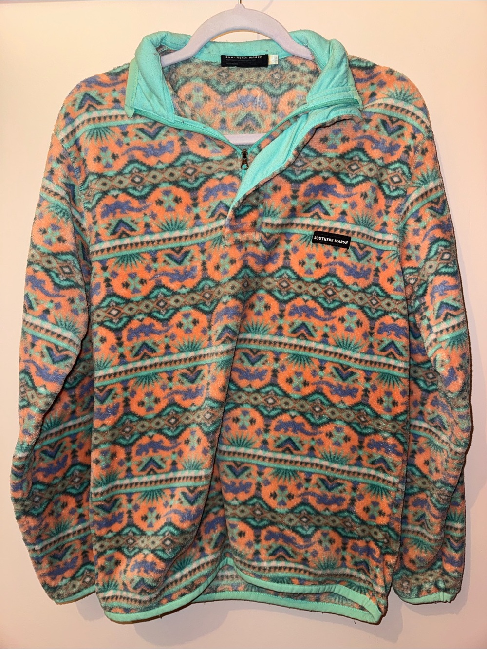 Southern Marsh Mint and Peach Patterned Zip Fleece Pullover